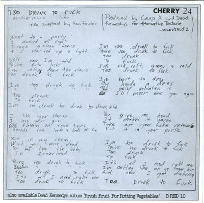 Dead Kennedys : Too Drunk To Fuck (7", Single, Cya)