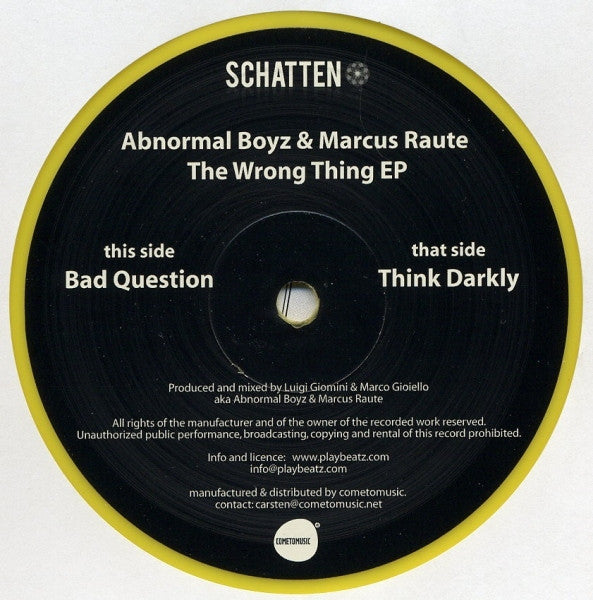 Abnormal Boyz & Marcus Raute – The Wrong Thing EP (10", Ltd, Yel) vinyl record | Paranoise Records