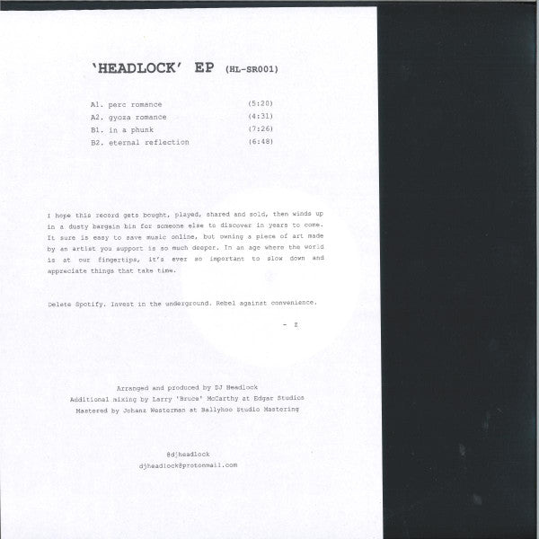 DJ Headlock – 'HEADLOCK' EP (12", EP, W/Lbl, Han) vinyl record | Paranoise Records