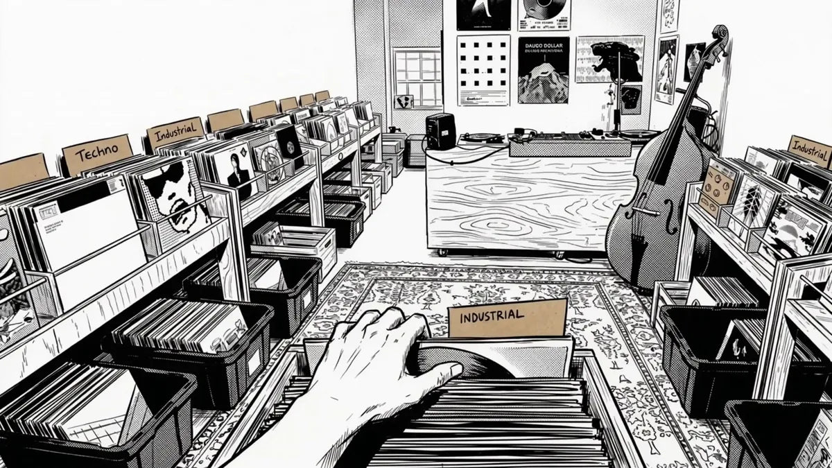 Hand pulling a vinyl record from a crate inside the Paranoise record shop in Vancouver